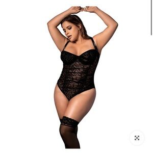 NWT Chic Black Lace Bodysuit with Ribbon Straps